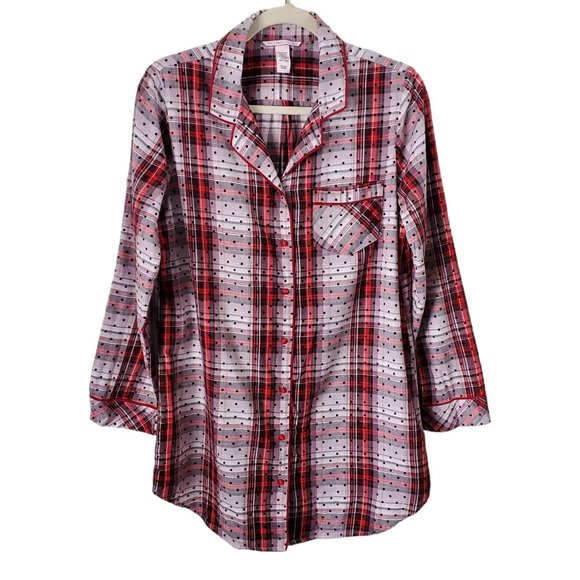 Victoria's Secret Button Up Plaid Multicolor Sleep Shirt with Textured Dots - Picture 1 of 6